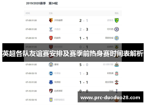 英超各队友谊赛安排及赛季前热身赛时间表解析