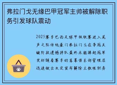 弗拉门戈无缘巴甲冠军主帅被解除职务引发球队震动